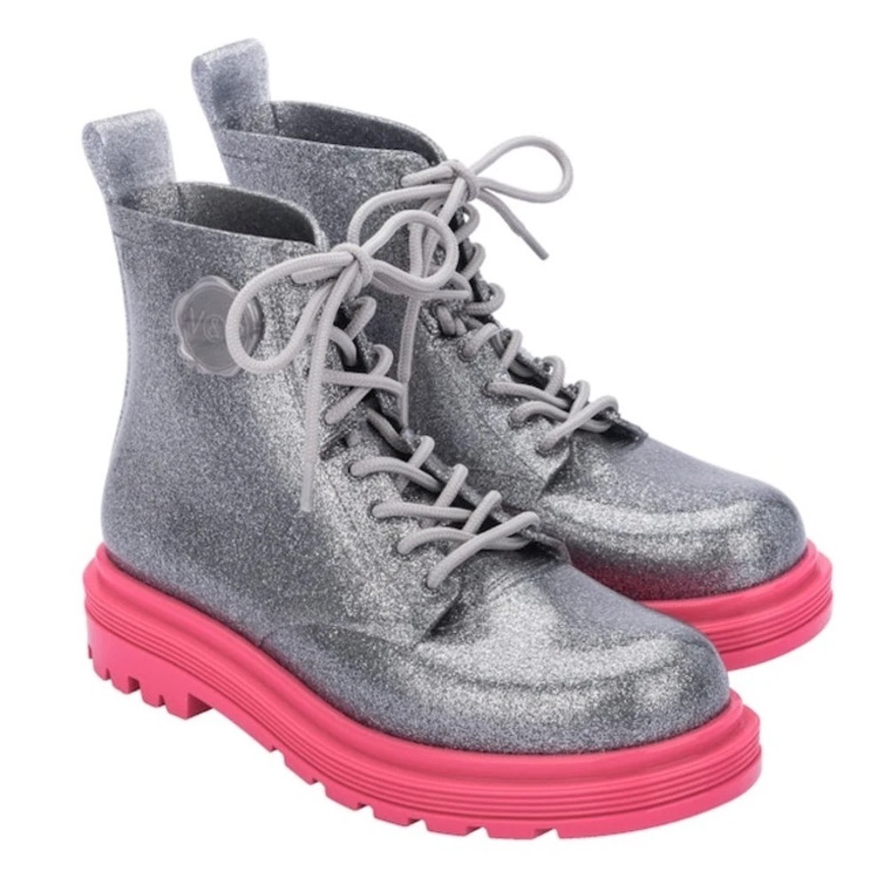 Melissa + Viktor & Rolf Ankle Combat Boots Lace Up in Silver Pink Size 5